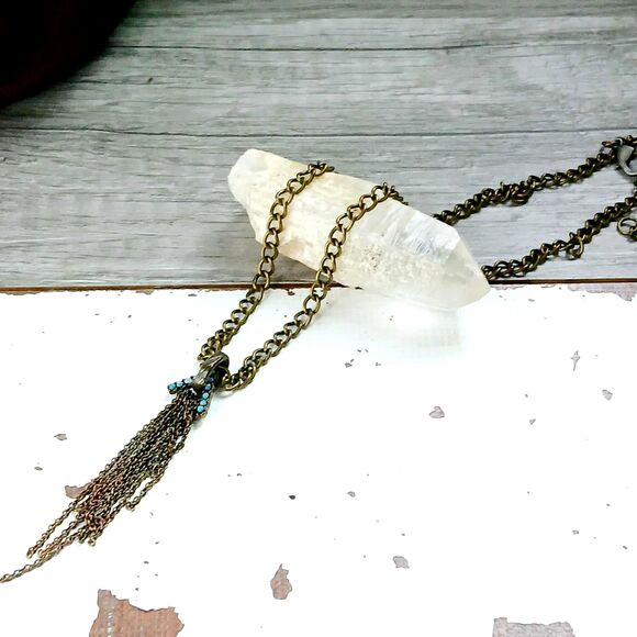Turquoise & Bronze Tassel Choker Necklace, Adjustable, Boho Chic, Upcycled - Picture 2 of 4